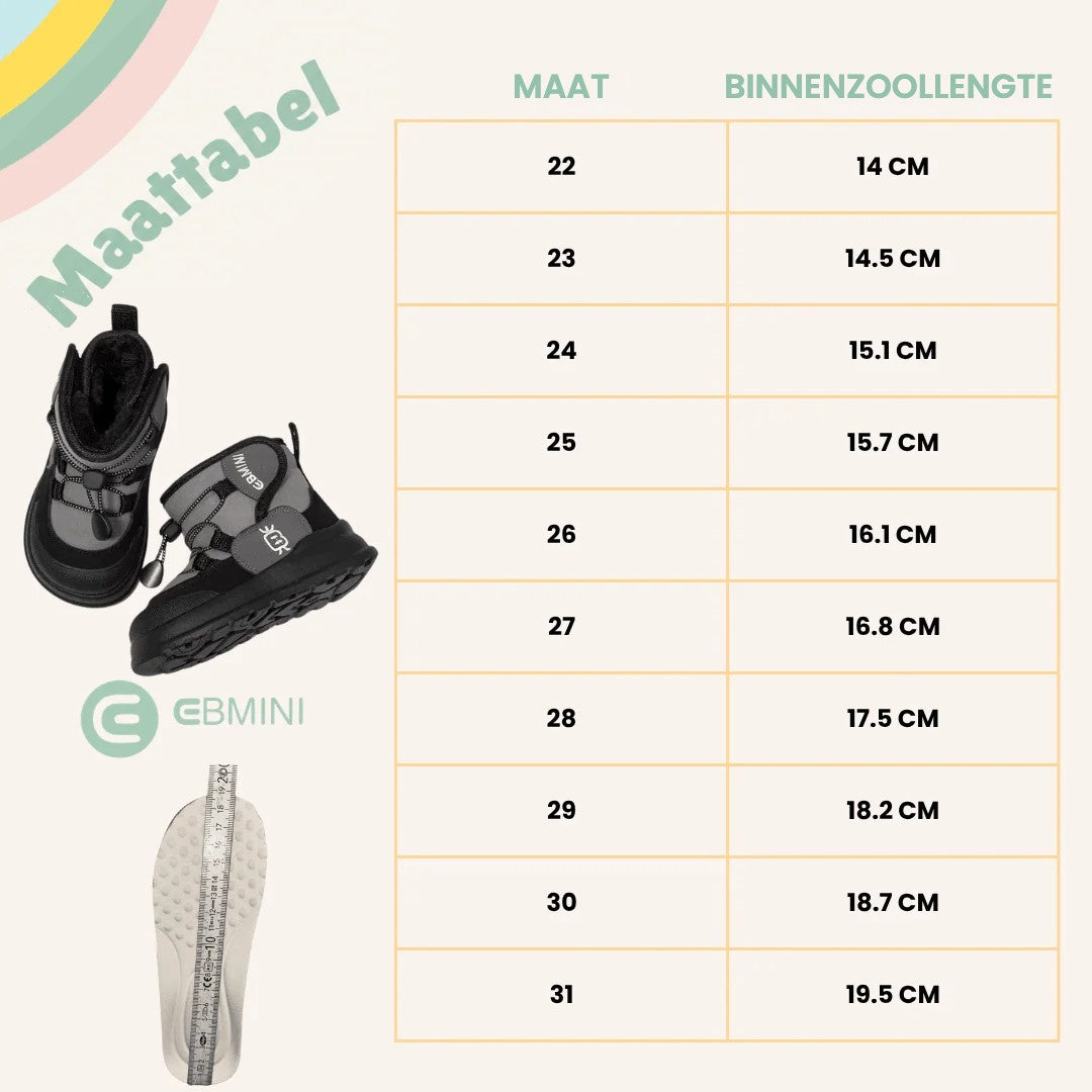 Maattabel EBMINI® FOZ waterdichte barefoot laarzen voor kinderen – binnenzoollengte per maat