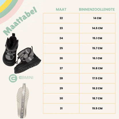 Maattabel EBMINI® FOZ waterdichte barefoot laarzen voor kinderen – binnenzoollengte per maat