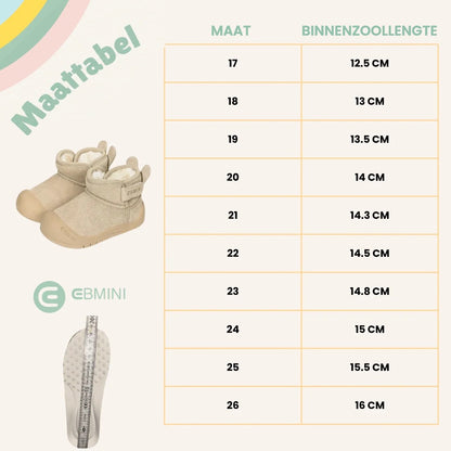 Maattabel EBMINI® IGI ultralichte barefoot laarzen voor kinderen – binnenzoollengte per maat