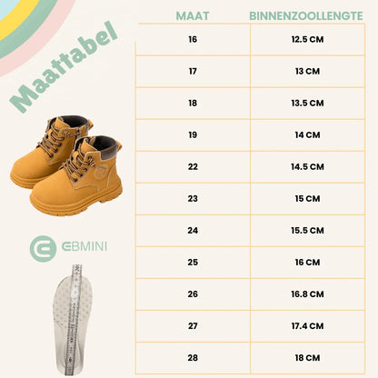 Maattabel EBMINI® KOKO waterdichte barefoot laarzen voor kinderen – binnenzoollengte per maat