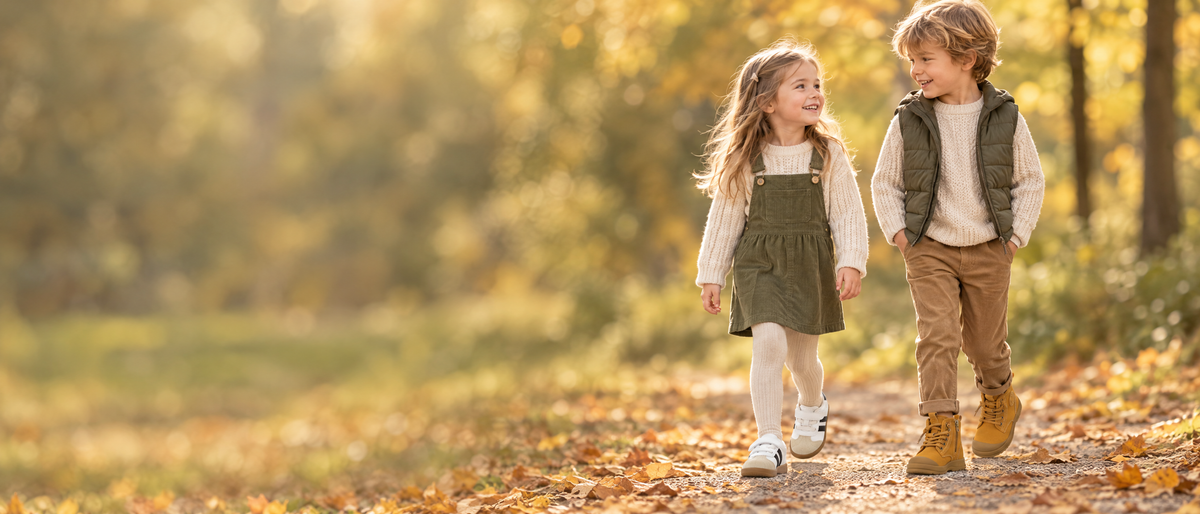 Twee kinderen lopen in de herfst op EBMINI barefoot schoenen